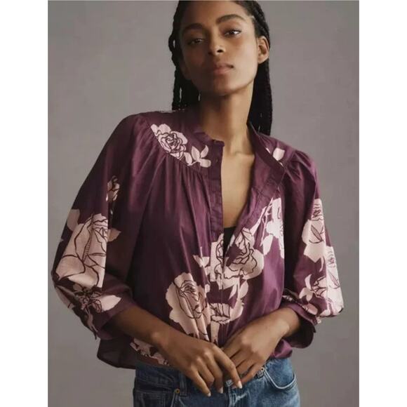 Anthropologie Maeve Women's Blouse Top Shirt Buttondown Dark Purple Floral M - Picture 1 of 8
